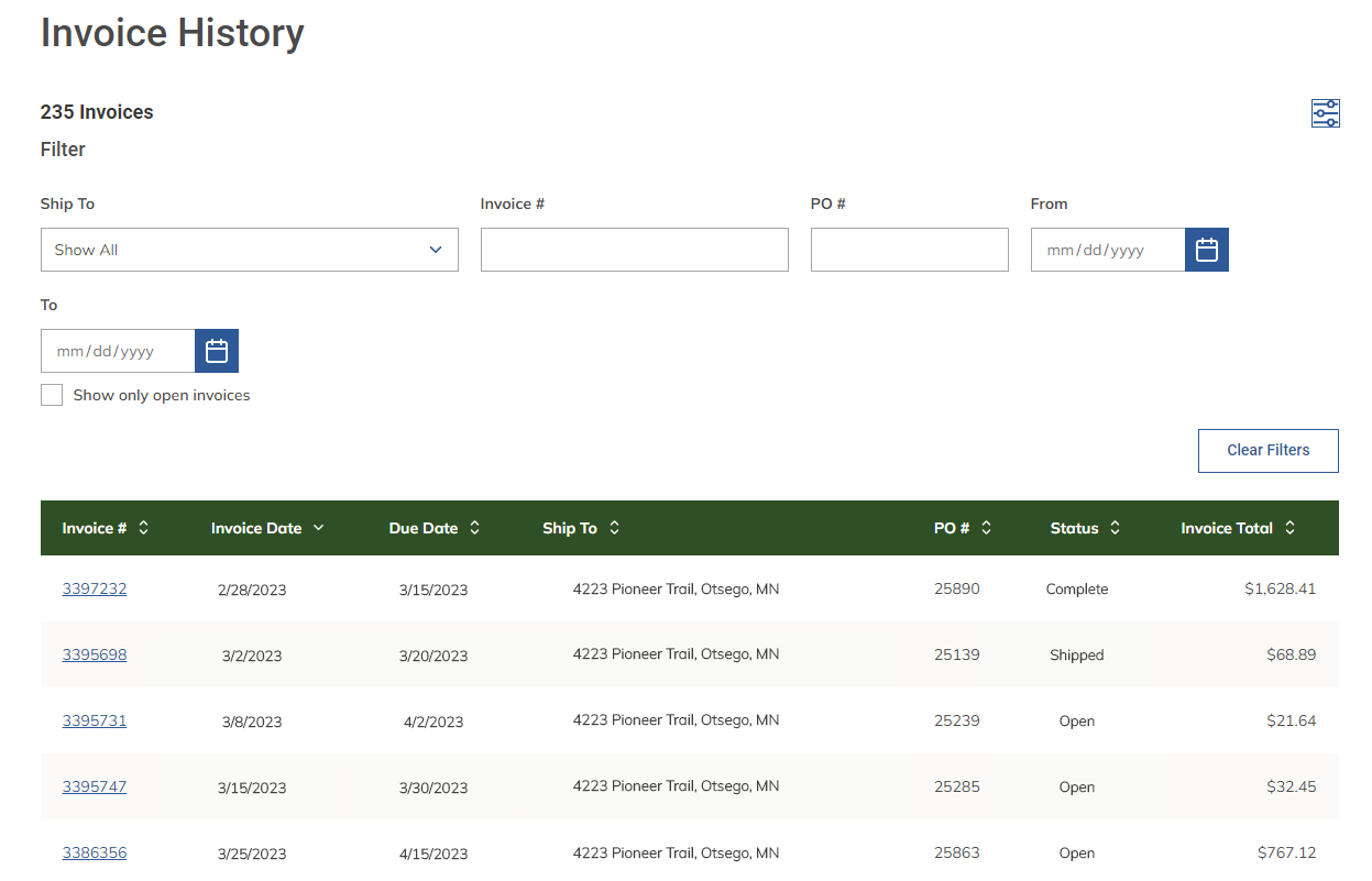 Screen Grab of Invoice History function